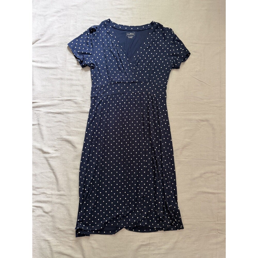 LL Bean Women Size Medium Dress Navy Polka Dot Jersey Stretch V Neck